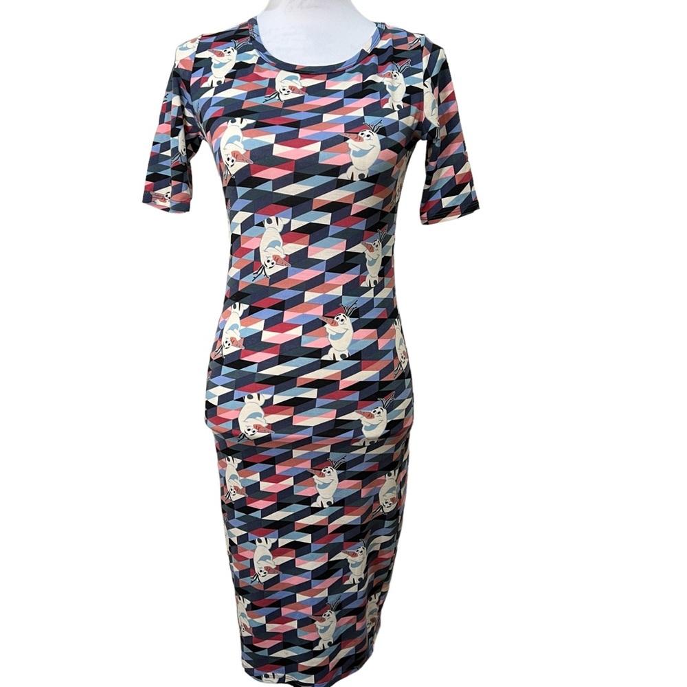 LulaRoe Frozen Olaf Character Geometric Print Julia Dress Short‎ Sleeve Fitted